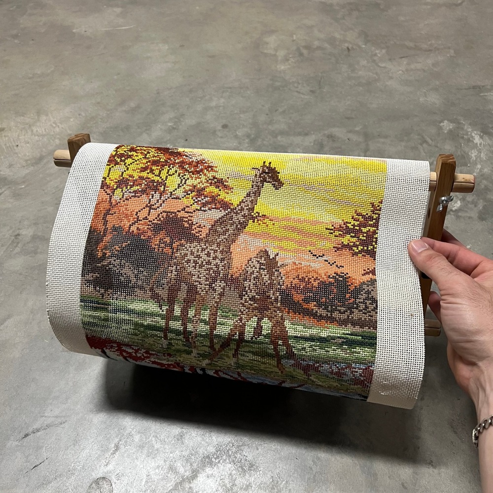 Rolaframe Wooden Scroll Frame with Unfinished Giraffe Sunset Needlepoint Project